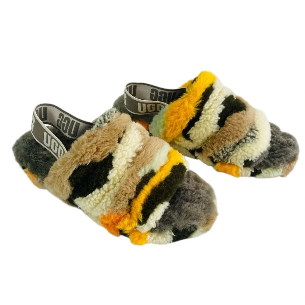 UGG Fluff Yeah Slide Cali Collage Olive Faux Fur Sandals Size 8